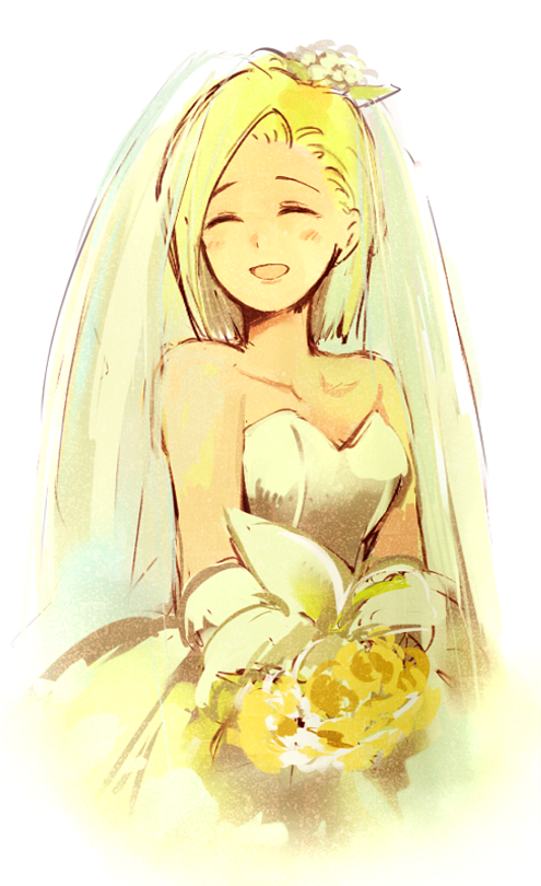 android_18 bare_shoulders blonde_hair bouquet bridal_veil closed_eyes dragon_ball dragon_ball_z dress flower happy neko_ni_chikyuu open_mouth short_hair simple_background smile solo veil wedding_dress white_background white_dress