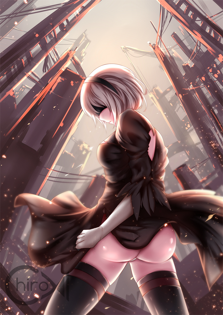 ass back_cutout bad_anatomy black_blindfold black_dress black_hairband blindfold chiroyo covered_eyes dress feather-trimmed_sleeves from_behind gloves hairband juliet_sleeves leotard long_sleeves nier_(series) nier_automata puffy_sleeves solo thighhighs white_gloves white_leotard yorha_no._2_type_b