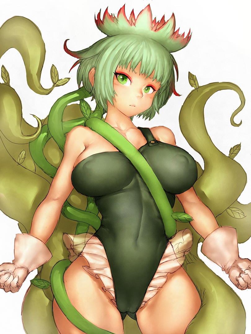 ass_visible_through_thighs bare_shoulders breasts clenched_hands covered_navel covered_nipples fumio_(rsqkr) gloves green_eyes green_hair hips large_breasts leotard mahoujin_guruguru planano plant_girl short_hair solo thighs white_gloves