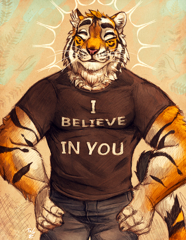 5_fingers anthro black_stripes clothed clothing cute english_text eyes_closed feline fully_clothed fur hand_on_hip happy jeans male mammal motivational_poster orange_fur pants pink_nose pose shirt simple_background smile solo standing stripes tasanko text tiger whiskers white_fur