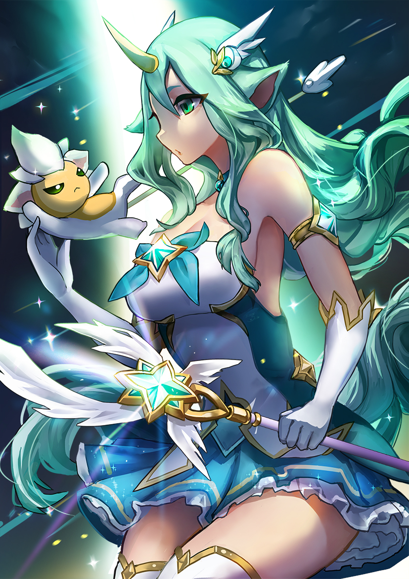 1girl alternate_costume alternate_eye_color alternate_hair_color alternate_hairstyle aqua_hair bare_shoulders breasts cleavage dress familiar fluffy_ears gloves green_eyes horn large_breasts league_of_legends long_hair magical_girl pointy_ears solo soraka star_guardian_soraka thighhighs very_long_hair white_gloves white_wings wings