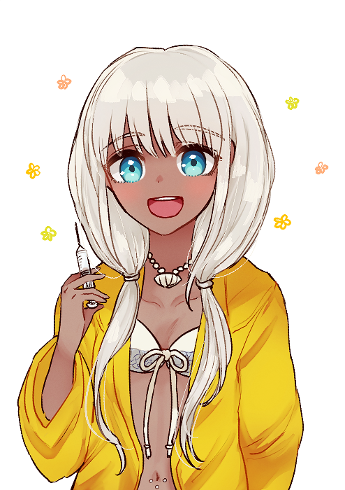 1girl bead_necklace beads blue_eyes blush bra danganronpa dark_skin fc happy jacket jewelry long_hair necklace new_danganronpa_v3 open_mouth seashell shell silver_hair solo tied_hair twintails yellow_jacket yonaga_angie