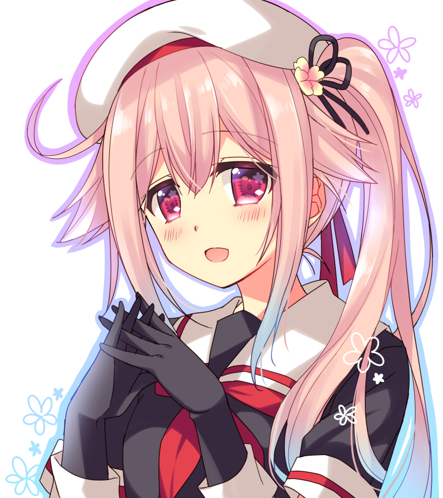 beret black_gloves black_serafuku flower gloves hair_flaps hair_flower hair_ornament hands_together harusame_(kantai_collection) hat kantai_collection long_hair looking_at_viewer neckerchief open_mouth pink_hair red_eyes red_neckwear ringo_sui sailor_collar school_uniform serafuku side_ponytail solo upper_body white_background white_sailor_collar