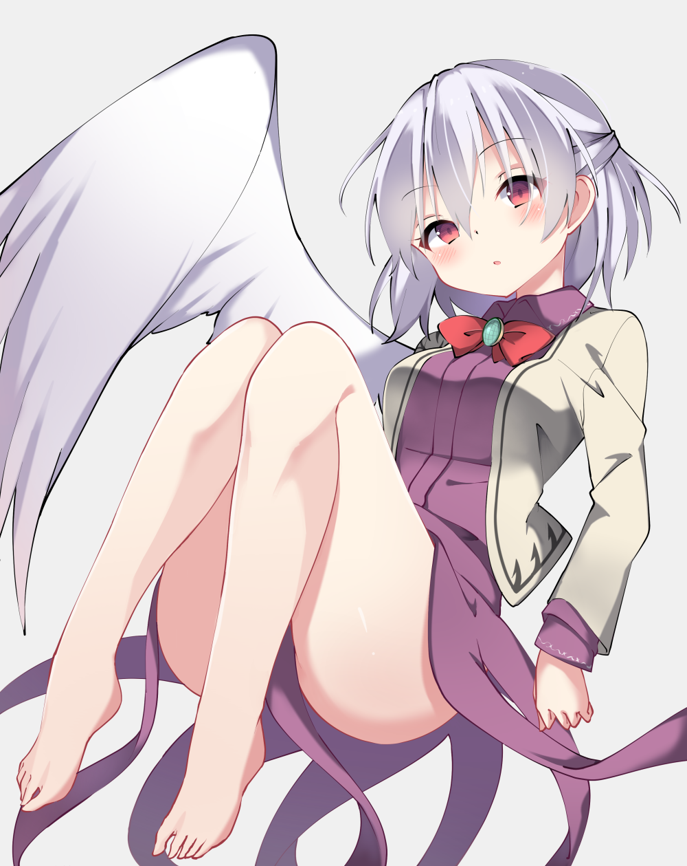 amashi_(qcmrq906) bad_id bad_pixiv_id bare_legs barefoot bow bowtie braid brooch eyebrows_visible_through_hair feathered_wings highres jacket jewelry kishin_sagume legs long_sleeves looking_at_viewer open_clothes open_jacket purple_skirt red_eyes red_neckwear silver_hair simple_background single_wing skirt skirt_set solo thighs touhou white_wings wings