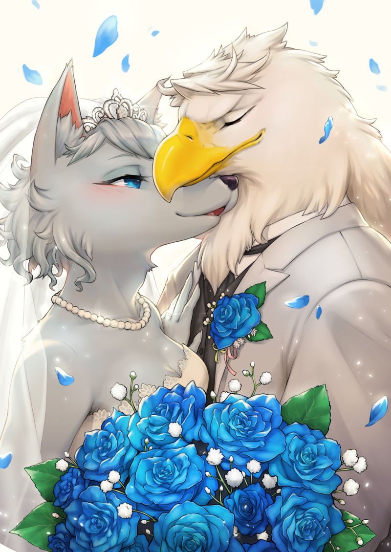 1girl animal apollo_(doubutsu_no_mori) beak bianca_(doubutsu_no_mori) bird blue_flower blue_rose blush bouquet breasts bridal_veil cleavage commentary_request couple crown doubutsu_no_mori dress eagle flower fur furry half-closed_eyes happy hetero interspecies jewelry kemonomichi_(blue_black) medium_breasts necklace necktie no_humans open_mouth pearl_necklace petals rose simple_background smile tuxedo veil wedding wedding_dress white_background wolf