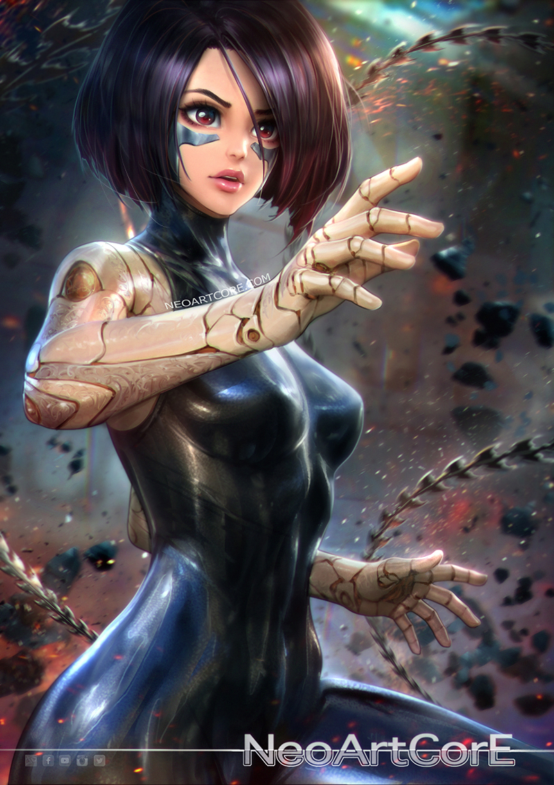 bodysuit breasts brown_eyes brown_hair cyborg gally gunnm hips lips medium_breasts nose nudtawut_thongmai parted_lips short_hair signature solo thighs