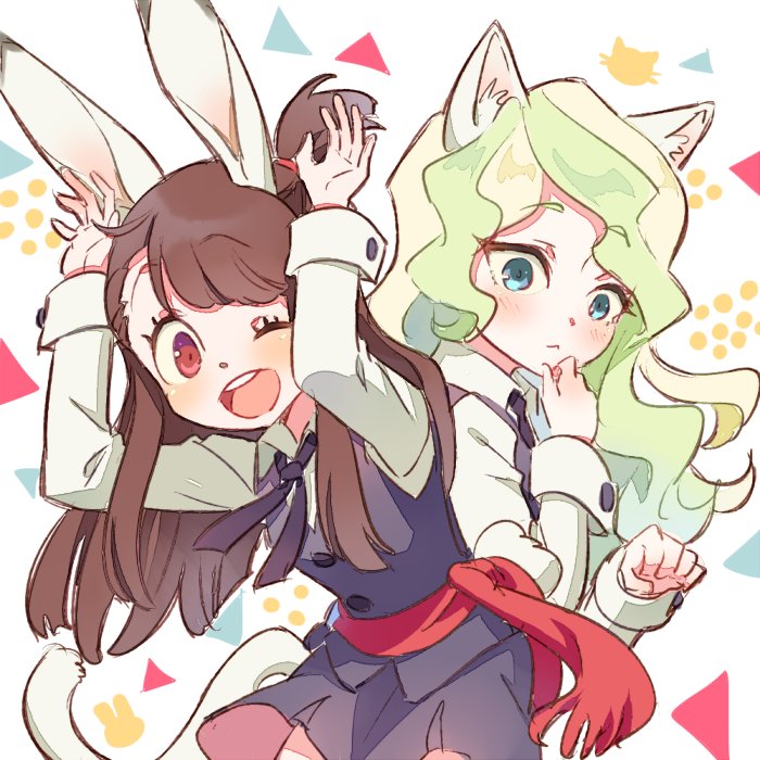 animal_ears blonde_hair brown_hair bunny_ears bunny_tail cat_ears cat_tail commentary_request conago diana_cavendish kagari_atsuko little_witch_academia multiple_girls one_eye_closed tail
