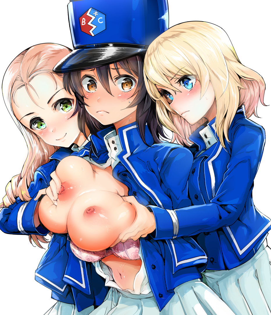 andou_(girls_und_panzer) bangs bc_freedom_(emblem) bc_freedom_military_uniform black_hair blonde_hair blue_eyes blue_hat blue_jacket blue_vest blush bra bra_pull breasts brown_eyes cleavage closed_mouth commentary_request emblem eyebrows_visible_through_hair frown girls_und_panzer girls_und_panzer_saishuushou grabbing grabbing_from_behind groping hat high_collar ishikei_(style) jacket lace lace-trimmed_bra large_breasts long_hair long_sleeves looking_at_another looking_at_viewer marie_(girls_und_panzer) multiple_girls nakasone_haiji navel nipples open_clothes open_shirt oshida_(girls_und_panzer) pink_bra pleated_skirt shako_cap shirt short_hair simple_background skirt smile standing sweat underwear vest white_background white_shirt white_skirt yuri
