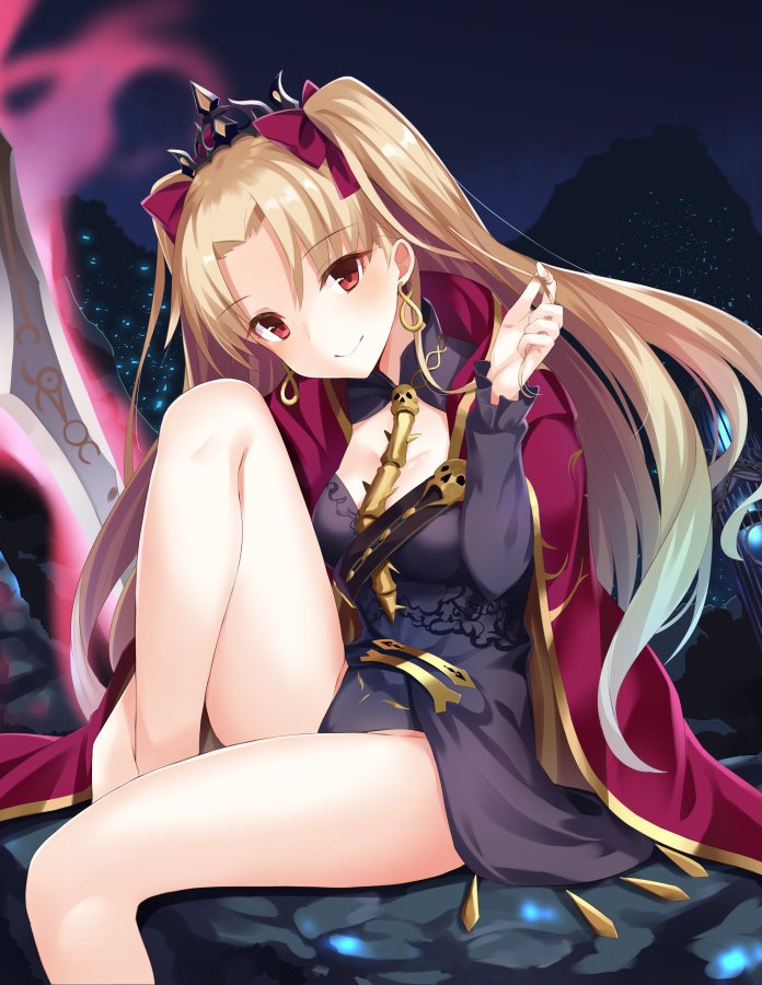 bangs blonde_hair blush buckle cape commentary_request earrings ereshkigal_(fate/grand_order) fate/grand_order fate_(series) hair_ribbon jewelry long_hair looking_at_viewer night outdoors planted_sword planted_weapon playing_with_own_hair red_cape red_eyes red_ribbon ribbon signature sitting skull smile solo sword takehana_note twintails weapon