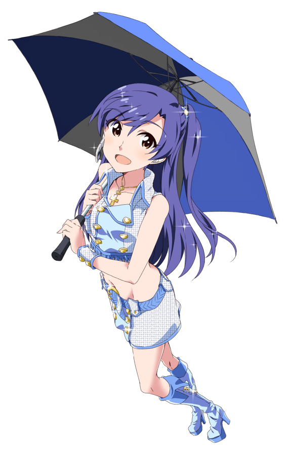 :d blue_footwear blue_hair boots brown_eyes collarbone crop_top from_above full_body groin holding holding_umbrella idolmaster idolmaster_(classic) jewelry kisaragi_chihaya knee_boots long_hair looking_at_viewer midriff miniskirt navel necklace open_mouth race_queen side_ponytail skirt sleeveless smile solo sparkle standing stomach takeya_yuuki thigh_boots thighhighs transparent_background umbrella very_long_hair wrist_cuffs