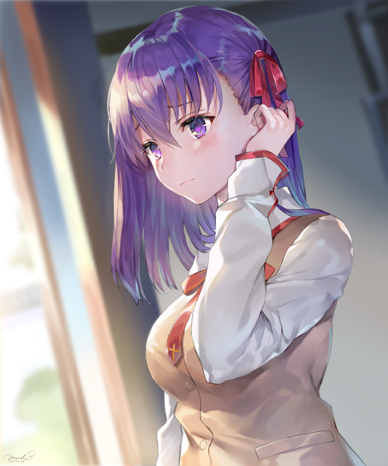 artist_name bangs blouse blurry blush breasts check_commentary closed_mouth commentary_request depth_of_field eyebrows_visible_through_hair fate/stay_night fate_(series) hair_between_eyes hair_ribbon hair_tucking hand_up homurahara_academy_uniform indoors large_breasts long_sleeves matou_sakura momoko_(momopoco) purple_eyes purple_hair purple_ribbon red_neckwear ribbon school_uniform signature solo upper_body vest white_blouse
