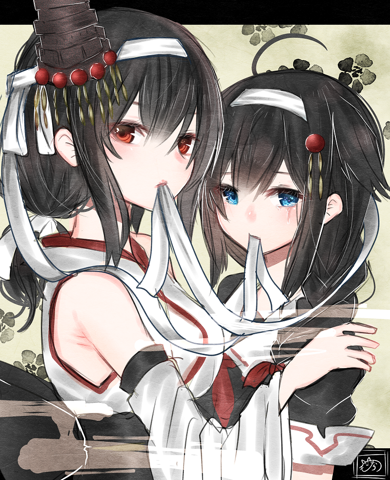 black_hair black_serafuku blue_eyes braid detached_sleeves hair_flaps hair_ornament hair_over_shoulder headband headgear kantai_collection looking_at_viewer mouth_hold multiple_girls nontraditional_miko nora_(salatto) red_eyes red_neckwear remodel_(kantai_collection) school_uniform serafuku shigure_(kantai_collection) short_hair single_braid upper_body wide_sleeves yamashiro_(kantai_collection)