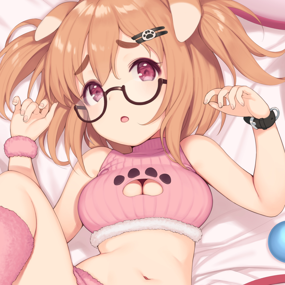 :o animal_ears bangs black-framed_eyewear blush breasts brown_hair cleavage_cutout commentary_request crop_top dog_ears eyebrows_visible_through_hair fingernails fur_trim glasses hair_ornament hairclip hands_up knee_up large_breasts looking_at_viewer lying navel on_back original parted_lips paw_print pink_sweater pokachu purple_eyes sample semi-rimless_eyewear solo sweater tareme thick_eyebrows turtleneck turtleneck_sweater under-rim_eyewear upper_body wristband
