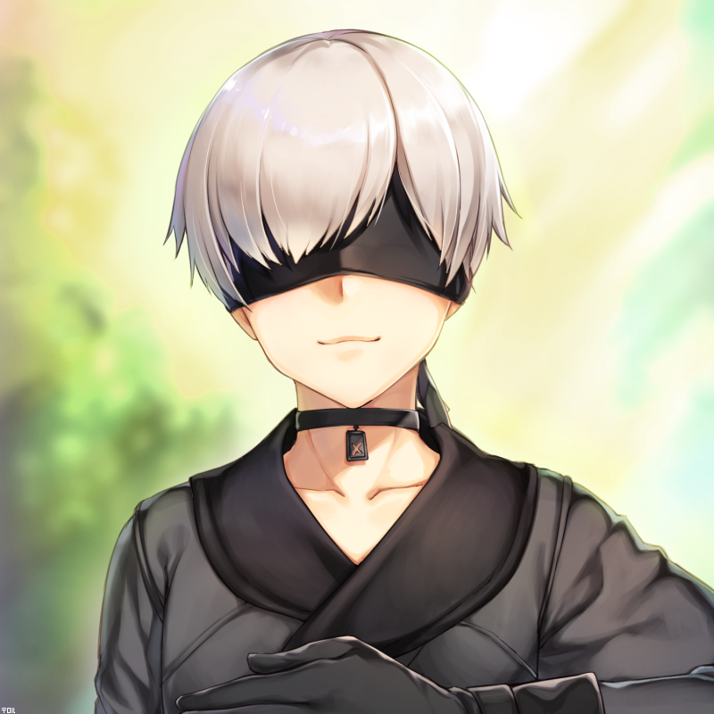 bad_id bad_pixiv_id black_gloves black_jacket blindfold facing_viewer gloves jacket male_focus nier_(series) nier_automata silver_hair smile solo teroru upper_body yorha_no._9_type_s