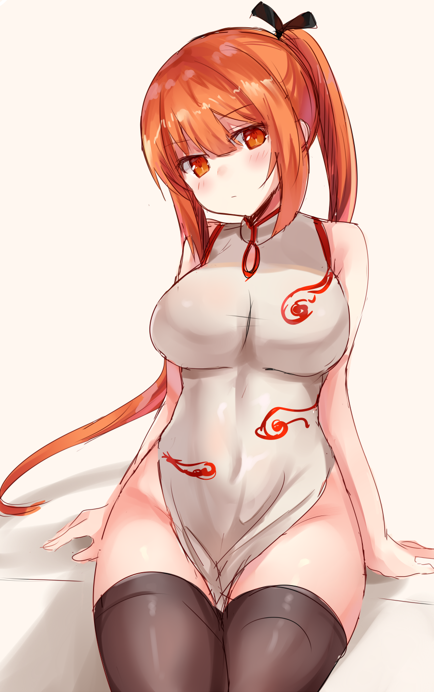 black_legwear blush breasts china_dress chinese_clothes chiune_(yachi) covered_navel dress groin head_tilt highres hips large_breasts long_ponytail looking_at_viewer no_panties orange_eyes orange_hair original sitting sketch solo thighhighs thighs white_background