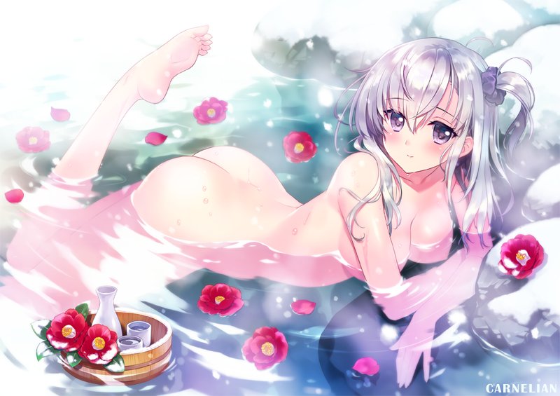 afloat arched_back arm_support ass barefoot bathing blush breasts bucket carnelian choko_(cup) cleavage closed_mouth collar commentary_request convenient_arm convenient_censoring cup eyebrows_visible_through_hair feet flower hair_ornament hair_scrunchie kantai_collection leg_up long_hair looking_at_viewer medium_breasts nipples nude one_side_up onsen outdoors partially_submerged petals purple_eyes purple_scrunchie scrunchie shiny shiny_hair signature silver_hair smile snow soles solo steam suzutsuki_(kantai_collection) tareme tokkuri water_drop winter wooden_bucket