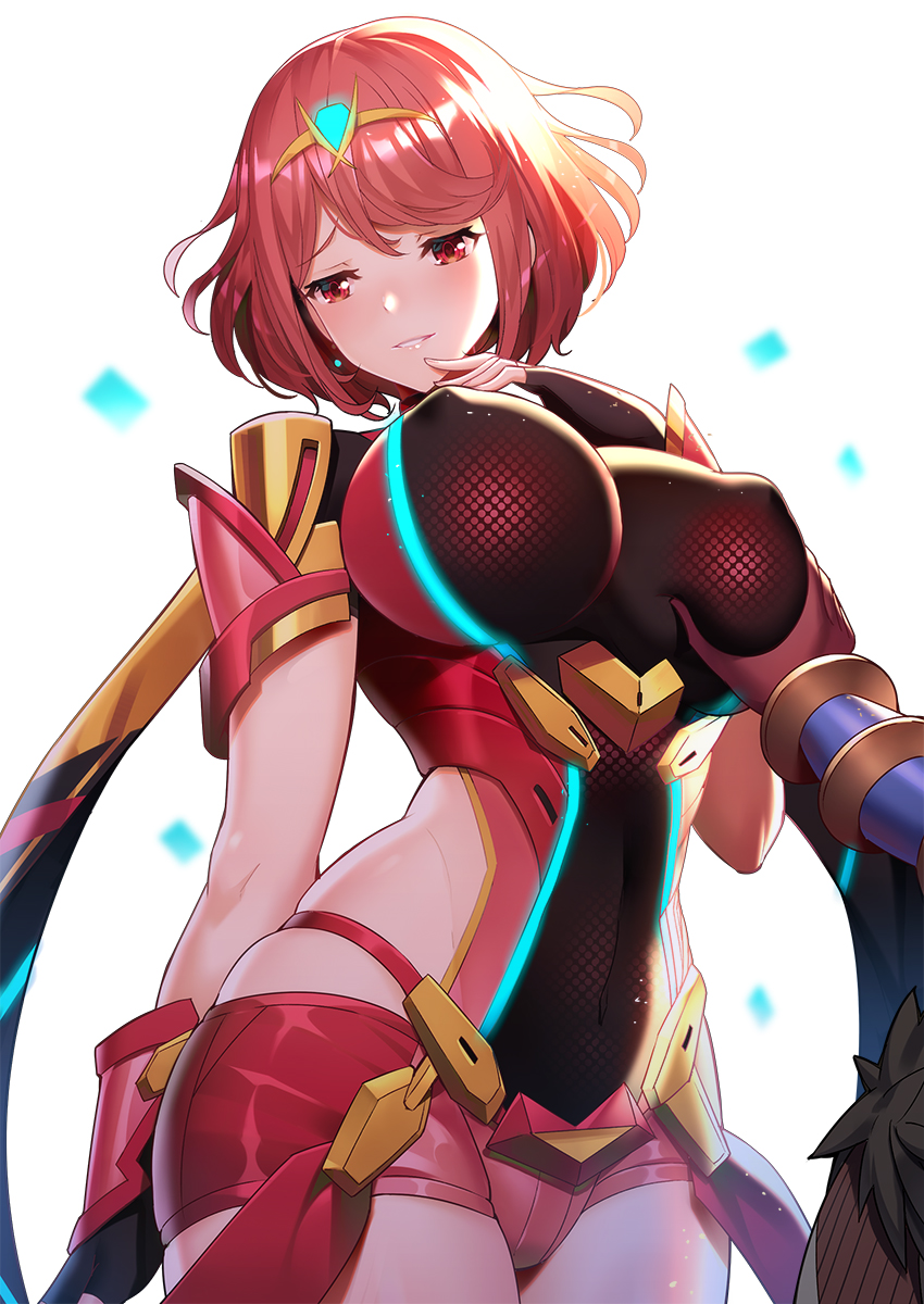 bangs black_gloves blush bob_cut bodysuit breast_grab breasts covered_navel covered_nipples cowboy_shot fingerless_gloves gloves grabbing half-closed_eyes hand_up hetero highres hips homura_(xenoblade_2) large_breasts light_smile looking_away out_of_frame parted_lips red_eyes red_hair ririko_(zhuoyandesailaer) short_hair simple_background skindentation smile solo_focus swept_bangs thighs white_background xenoblade_(series) xenoblade_2