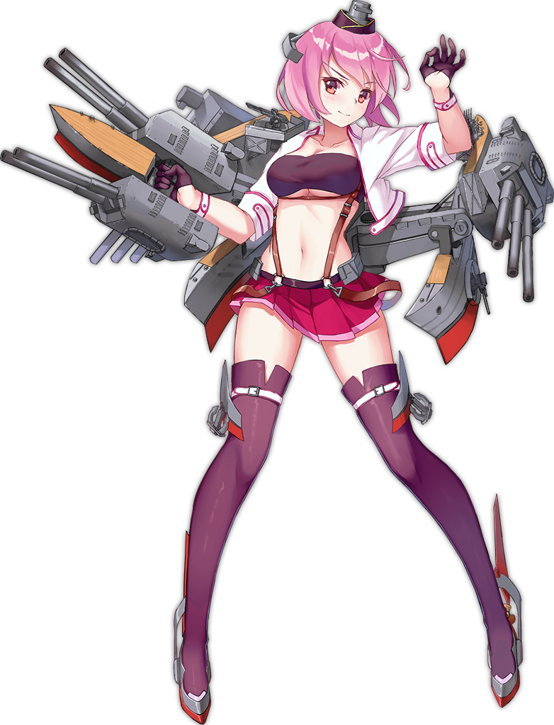 azur_lane black_gloves breasts cleavage closed_mouth collarbone cropped_jacket full_body gloves grey_footwear hair_ornament jacket machinery medium_breasts midriff miniskirt navel official_art ok_sign open_clothes open_jacket orange_eyes pensacola_(azur_lane) pink_hair pleated_skirt purple_legwear red_skirt shiny shiny_hair shoes short_hair skirt smile solo stomach tachi-e thighhighs transparent_background turret underboob white_jacket zettai_ryouiki zi_se