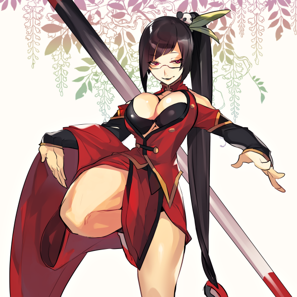 1girl bare_shoulders black-framed_eyewear black_hair blazblue bra breasts china_dress chinese_clothes cleavage cowboy_shot dress fighting_stance glasses hair_ornament hyakuhachi_(over3) lao_jiu large_breasts leg_up litchi_faye_ling long_hair long_sleeves looking_at_viewer plant polearm ponytail red_eyes smile solo staff standing_on_one_leg thighs under-rim_eyewear very_long_hair vines weapon