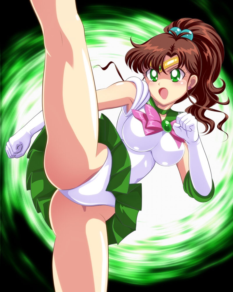 ass bishoujo_senshi_sailor_moon breasts brown_hair choker circlet clenched_hands elbow_gloves gloves green_background green_eyes green_skirt hair_bobbles hair_ornament impossible_clothes impossible_leotard kicking kino_makoto leotard medium_breasts miniskirt open_mouth panties pantyshot pantyshot_(kicking) pantyshot_(standing) pink_ribbon pirochi pleated_skirt ponytail ribbon sailor_collar sailor_jupiter sailor_senshi_uniform skirt solo standing standing_on_one_leg underwear white_gloves
