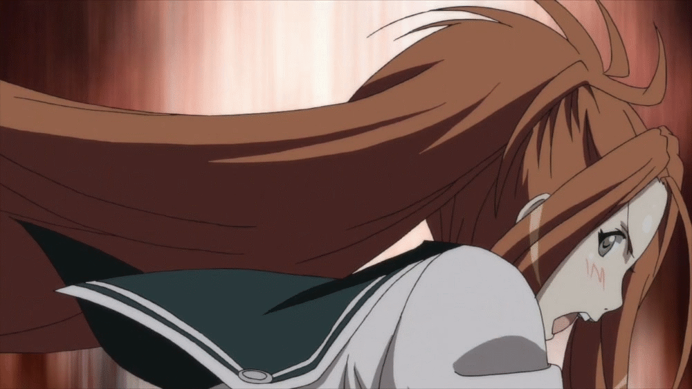 1girl angry animated animated_gif areolae blush bouncing_breasts breasts brown_hair exposed green_eyes hoods_entertainment huge_breasts kaneko_hiraku long_hair looking_at_viewer nipples open_clothes open_mouth school_uniform seikon_no_qwaser sendou_mutsumi solo undressing upper_body