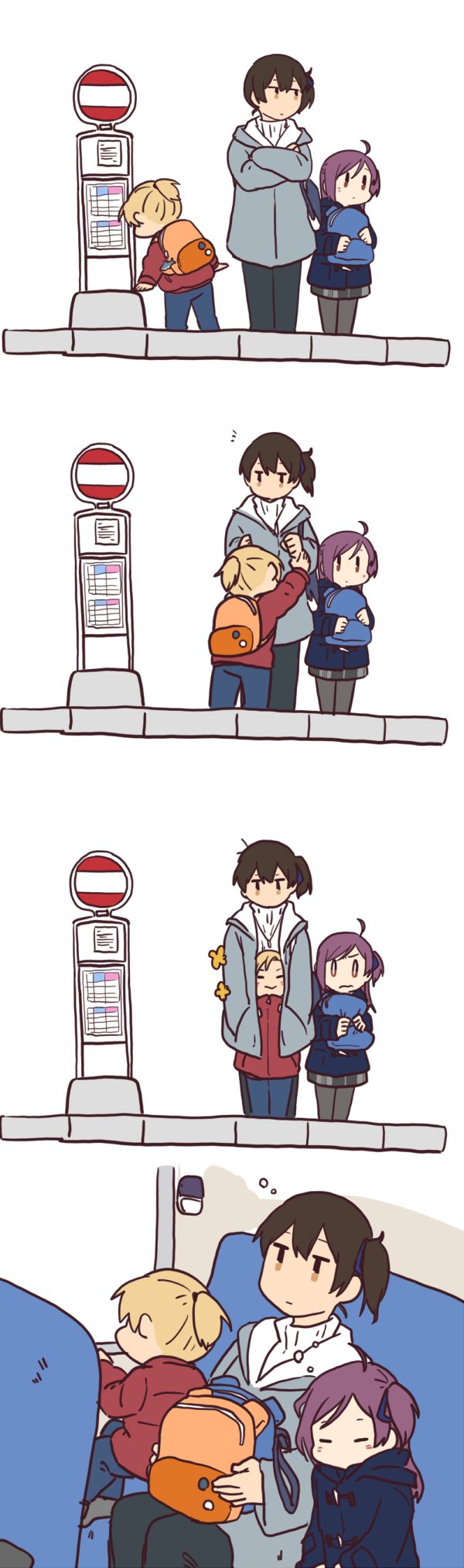 backpack bag betchan brown_hair bus_interior bus_stop casual coat comic commentary_request denim hagikaze_(kantai_collection) highres jacket jeans kaga_(kantai_collection) kantai_collection long_hair maikaze_(kantai_collection) multiple_girls pants ponytail purple_hair road_sign short_hair sign