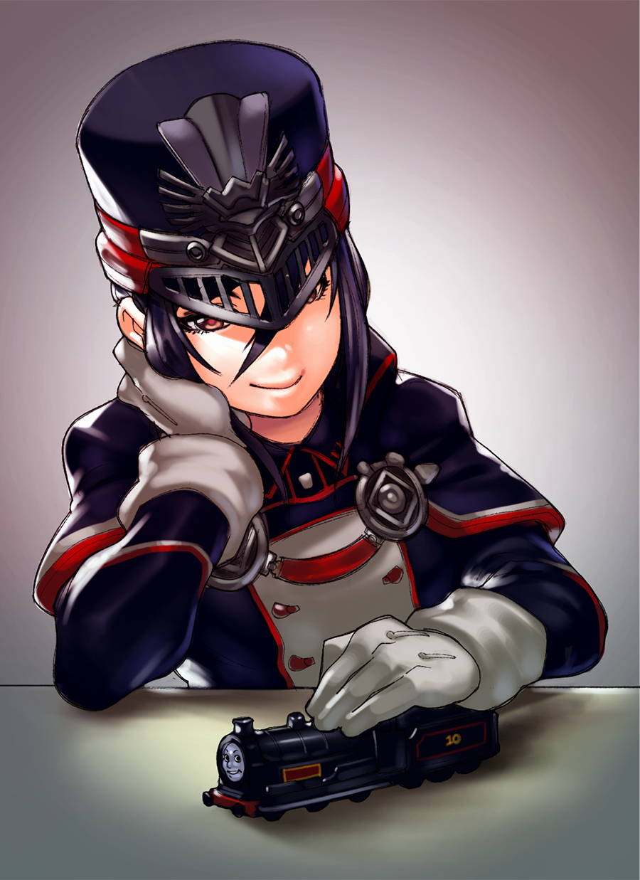 bangs black_hair black_hat closed_mouth douglas_(thomas_the_tank_engine) drawfag gloves hair_between_eyes hat highres leaning leaning_to_the_side long_sleeves meleph_(xenoblade) military military_hat military_uniform orange_eyes reverse_trap short_hair smile solo thomas_the_tank_engine toy uniform white_gloves xenoblade_(series) xenoblade_2