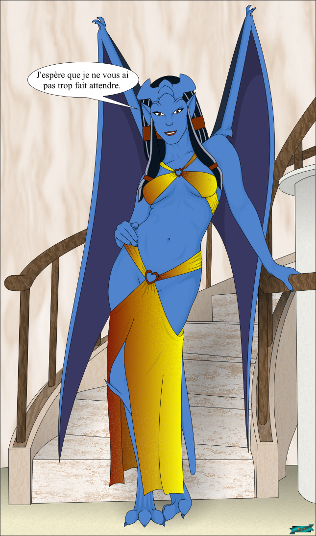 blue_skin clothed clothing dialogue disney dress fab3716 female french_text gargoyles hand_on_hip nipple_bulge obsidiana skimpy solo speech_bubble stairs standing text translated