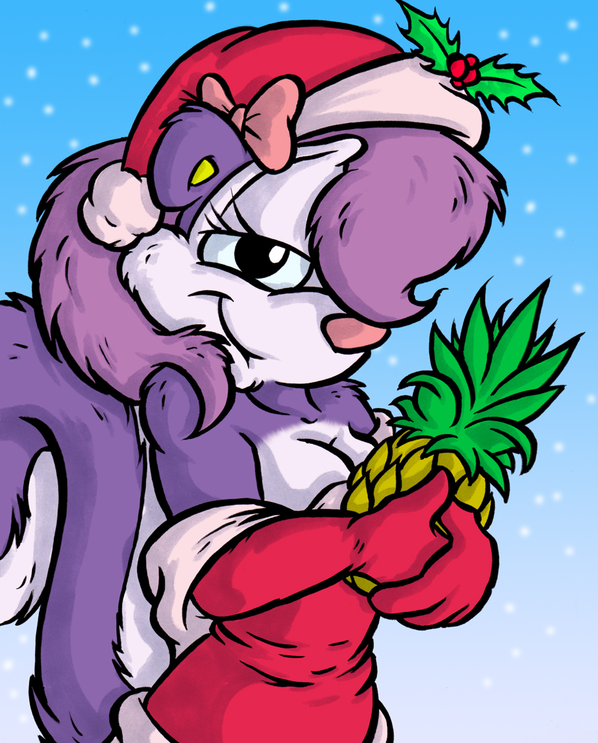 2017 aged_up anthro armwear breasts christmas cleavage clothed clothing dress driprat elbow_gloves female fifi_la_fume fluffy fluffy_tail food fruit fur gloves hair hair_bow hair_over_eye hair_ribbon hat holding_food holding_object holidays looking_at_viewer mammal mistletoe multicolored_fur pineapple plant purple_hair ribbons santa_hat simple_background skunk smile snow solo tiny_toon_adventures two_tone_fur warner_brothers