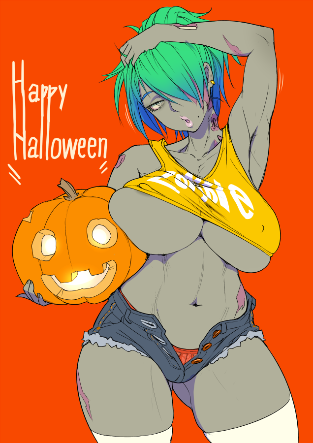 arm_over_head armpits beige_eyes blue_hair breasts collarbone commentary_request covered_nipples crop_top dark_skin denim denim_shorts earrings english gradient_hair green_hair hair_over_one_eye halloween happy_halloween jack-o'-lantern jewelry large_breasts micro_shorts mikoyan mole mole_under_mouth multicolored_hair navel neck open_clothes open_shorts orange_background orange_panties original pale_eye pale_skin panties parted_lips pink_lips pumpkin short_hair short_shorts shorts simple_background solo standing stomach thighhighs thighs torn_clothes torn_shorts underboob underwear white_legwear wide_hips zombie