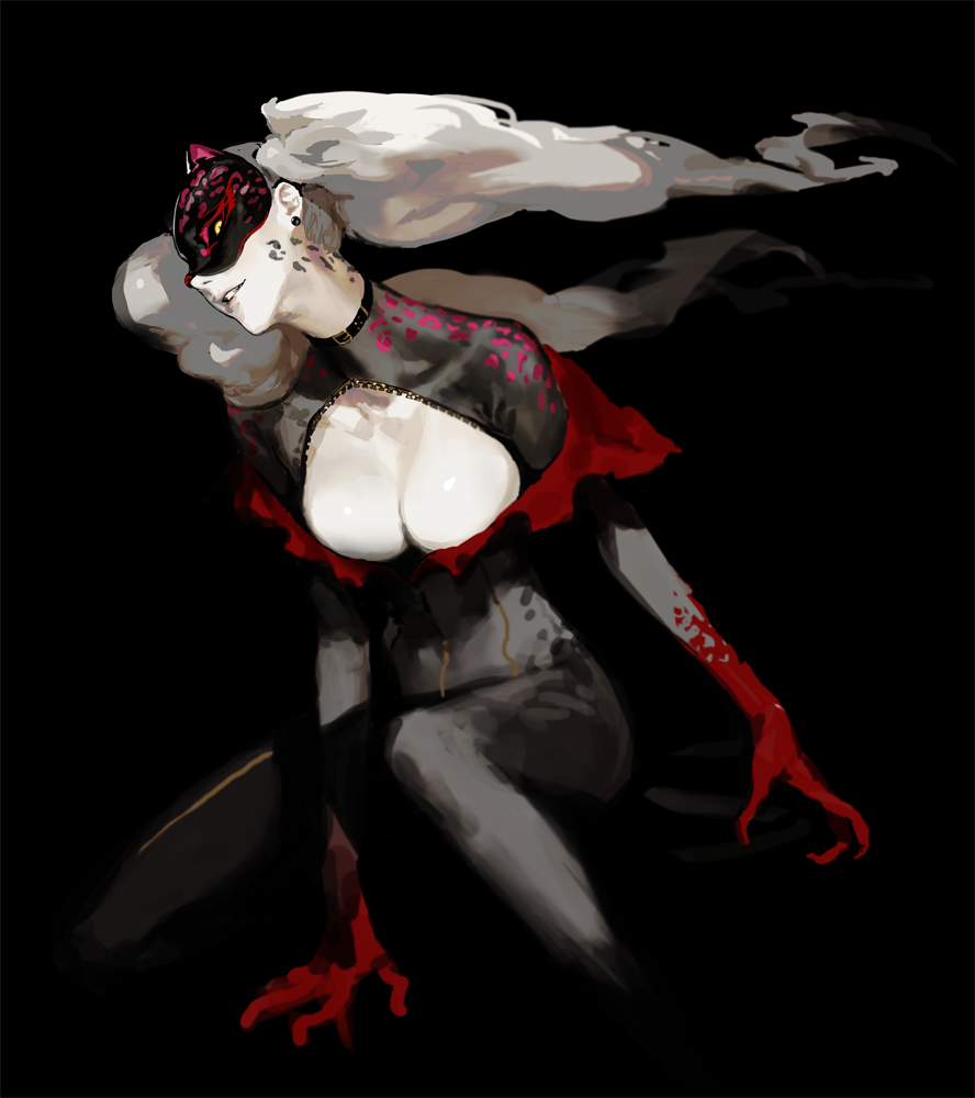 belt_collar black_background black_bodysuit blood bloody_hands bodysuit breasts claws cleavage cleavage_cutout dark earrings jewelry large_breasts long_hair looking_at_viewer mask one_knee parted_lips persona persona_5 rr_(suisse200) slit_pupils smile solo takamaki_anne twintails white_hair yellow_eyes