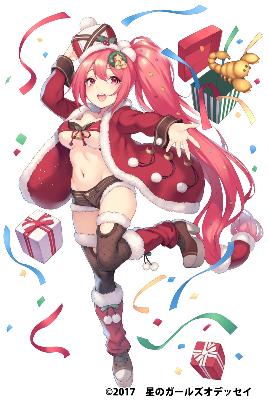 :d antares_(hoshi_no_girls_odyssey) bell black_legwear blush boots box breasts christmas cleavage coat commentary_request confetti full_body gift gift_box hair_bell hair_ornament hat high_heel_boots high_heels highres hoshi_no_girls_odyssey large_breasts long_hair long_sleeves looking_at_viewer navel open_mouth pokachu pom_pom_(clothes) pony red_eyes red_hair short_shorts shorts simple_background smile solo toy underboob very_long_hair white_background
