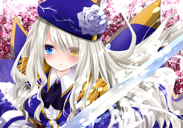 ascot bad_id bad_pixiv_id bangs beret blue_hat blue_jacket brooch center_frills cherry_blossoms commentary_request epaulettes eyebrows_visible_through_hair eyes_visible_through_hair floral_print frills hair_over_one_eye hat holding holding_sword holding_weapon jacket jewelry long_hair long_sleeves military_jacket nanase_nao original print_hat purple_neckwear rose_print solo sword very_long_hair weapon white_hair