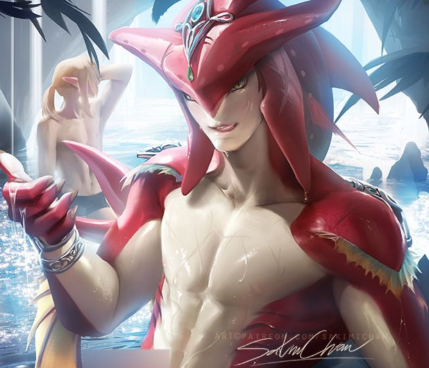 2017 abs anthro breath_of_the_wild censored clothed clothing elf fin fish gills grin human humanoid hylian jewelry link looking_at_viewer male mammal marine muscular nintendo sakimichan shark sidon_(zelda) smile the_legend_of_zelda video_games water wet yellow_eyes zora