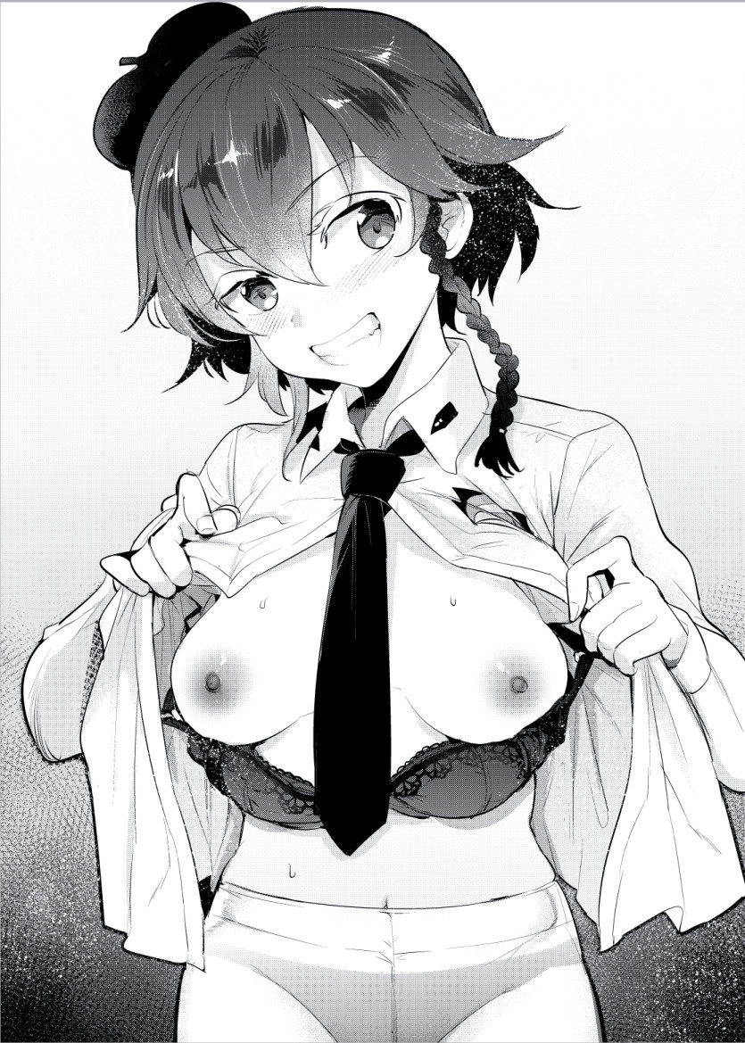 anzio_school_uniform bangs beret blush bra bra_pull braid breasts commentary_request cowboy_shot crotch_seam dress_shirt emblem eyebrows_visible_through_hair girls_und_panzer greyscale grin hat lace lace-trimmed_bra long_sleeves looking_at_viewer medium_breasts monochrome nakasone_haiji naughty_face necktie nipples open_clothes open_shirt panties panties_under_pantyhose pantyhose pepperoni_(girls_und_panzer) school_uniform shirt short_hair side_braid smile solo standing underwear undressing
