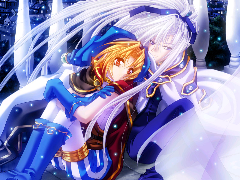 apocripha/0 blonde_hair blue_eyes blue_footwear blue_gloves blue_hat boots brothers cape family gloves hat long_hair pants platina_pastener purple_ribbon red_eyes ribbon shoes short_hair siblings striped striped_pants white_hair