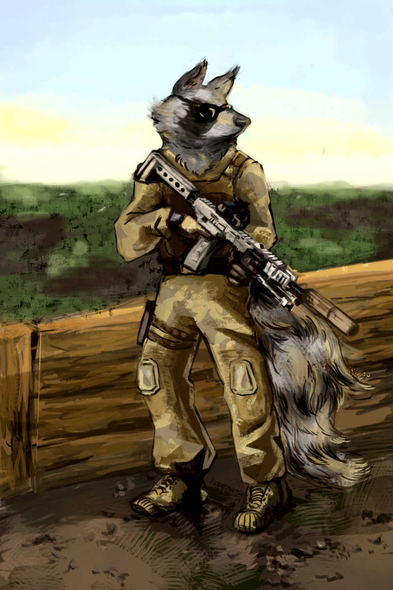 deerface_(artist) eyewear gun male mammal procyonid raccoon ranged_weapon standing sunglasses tervos_(artist) tervos_(character) weapon