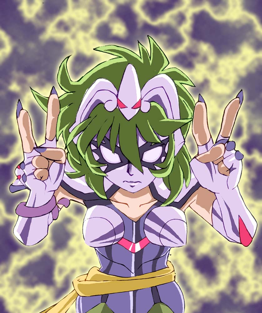 armor breasts commentary_request fingerless_gloves gloves green_hair long_hair mask medium_breasts onnaski ophiuchus_shaina saint_seiya saint_seiya_omega shoulder_pads solo