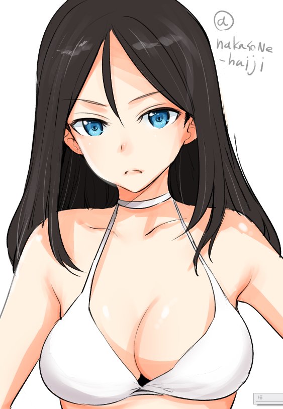 artist_name bangs bikini black_hair blue_eyes breasts choker cleavage closed_mouth commentary_request frown girls_und_panzer long_hair looking_at_viewer medium_breasts nakasone_haiji nonna signature simple_background solo swept_bangs swimsuit upper_body white_background white_bikini white_choker