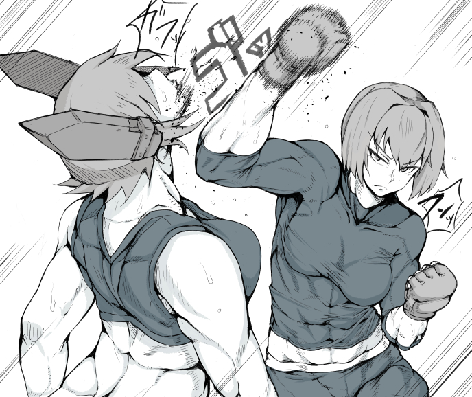 abs biceps commentary_request fingerless_gloves gloves greyscale headgear hyuuga_(kantai_collection) kantai_collection monochrome multiple_girls muscle muscular_female nexas punching short_hair tenryuu_(kantai_collection) translation_request undershirt uppercut