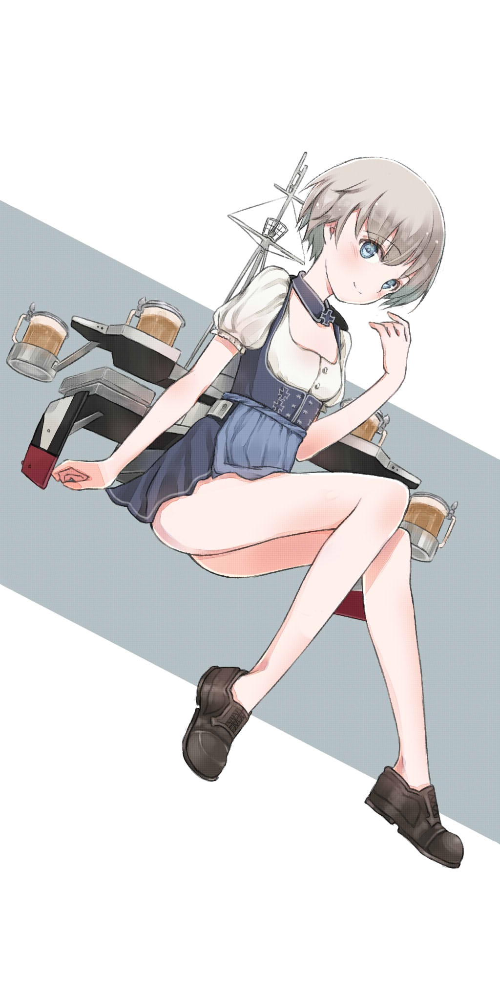 alcohol apron ass bare_legs beer black_footwear blue_background blue_dress blue_eyes blush detached_collar dirndl dress eyebrows_visible_through_hair german_clothes glass highres invisible_chair iron_cross kantai_collection lca906 long_legs looking_at_viewer machinery puffy_short_sleeves puffy_sleeves shirt shoes short_dress short_hair short_sleeves silver_hair sitting solo two-tone_background waist_apron white_shirt z1_leberecht_maass_(kantai_collection)