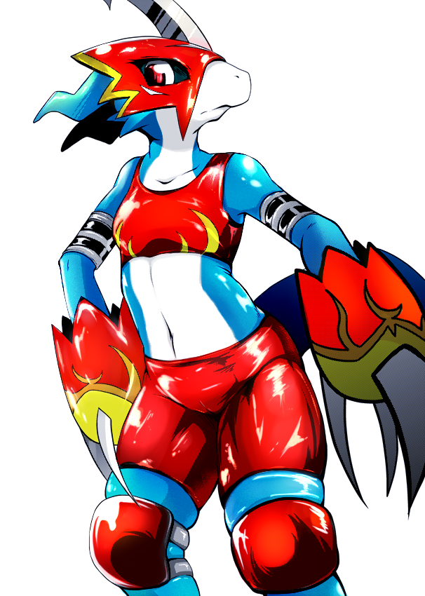 anthro blue_skin breasts camel_toe claws clothed clothing digimon digital_media_(artwork) edit female flamedramon looking_at_viewer mammal red_eyes simple_background solo thick_thighs unknown_artist video_games white_background