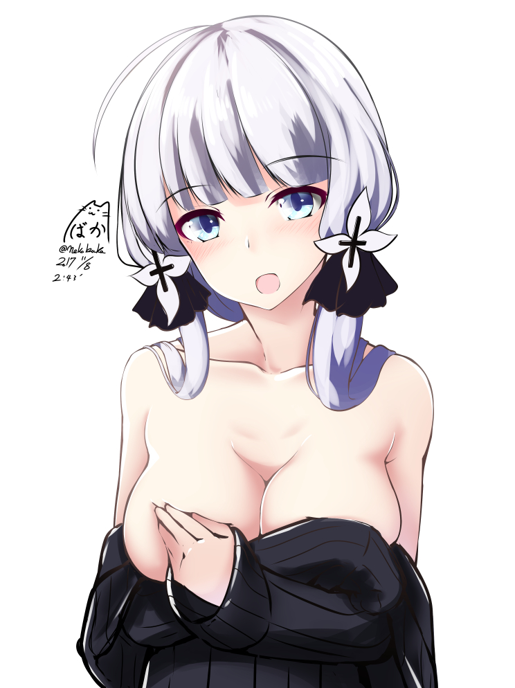 ahoge azur_lane bangs bare_shoulders black_sweater blue_eyes blush breasts collarbone commentary covering covering_breasts dated eyebrows_visible_through_hair flower hair_flower hair_ornament hair_ribbon illustrious_(azur_lane) large_breasts long_sleeves looking_at_viewer meme_attire nekobaka no_bra off_shoulder open_mouth ribbon sidelocks simple_background solo sweater tress_ribbon twitter_username upper_body virgin_killer_sweater white_background white_hair