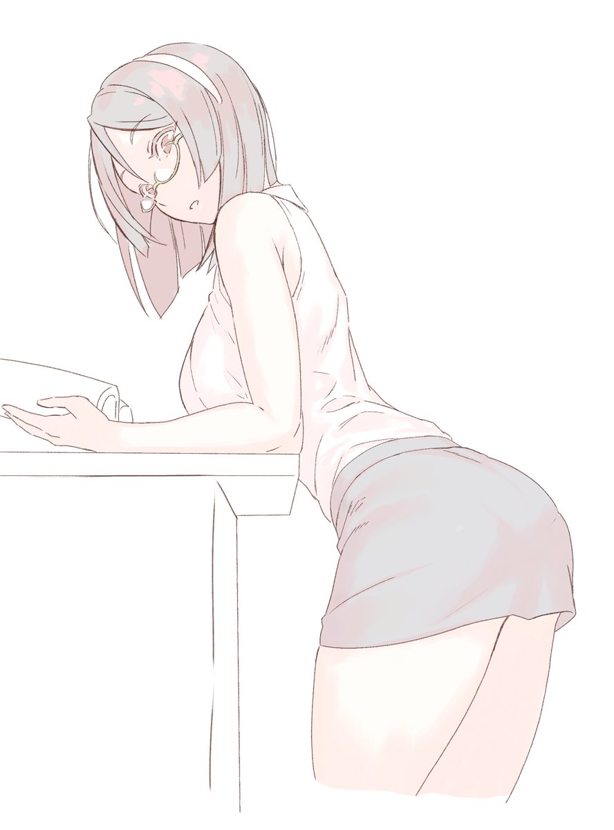 bent_over blue_skirt book breasts collared_shirt commentary_request cropped_legs desk eyebrows_visible_through_hair glasses highres holding holding_book kantai_collection kirishima_(kantai_collection) large_breasts looking_at_viewer open_book pale_color parted_lips pencil_skirt semi-rimless_eyewear shirt short_hair simple_background skirt solo standing under-rim_eyewear white_background yuuji_(and)