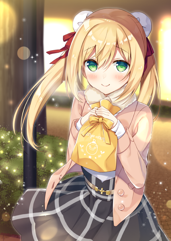 anzu_(sumisaki_yuzuna) bag bangs black_skirt blonde_hair blush closed_mouth commentary_request day double_bun eyebrows_visible_through_hair gift gift_bag green_eyes hair_between_eyes hair_ribbon half-closed_eyes hands_up high-waist_skirt holding holding_bag holding_gift jacket looking_at_viewer open_clothes open_jacket original outdoors plaid plaid_skirt red_ribbon ribbon sidelocks skirt smile solo sparkle sumisaki_yuzuna twintails