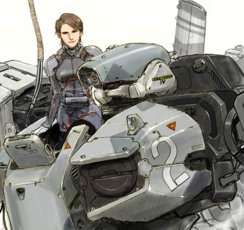 breastplate brown_hair front_mission front_mission_4 gloves izo_(bjc000510) latona_rodiona_vasilev looking_at_viewer lowres mecha science_fiction solo standing white_gloves