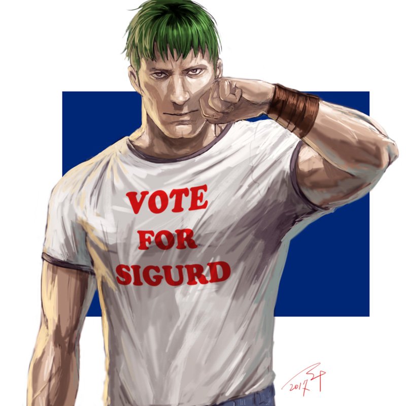 alternate_costume arden_(fire_emblem) brown_eyes clenched_hand closed_mouth clothes_writing commentary_request dated english fire_emblem fire_emblem:_seisen_no_keifu fire_emblem_heroes green_hair hand_up ippei_soeda looking_at_viewer male_focus multicolored multicolored_background muscle napoleon_dynamite parody realistic serious shirt signature solo two-tone_background upper_body white_shirt wristband