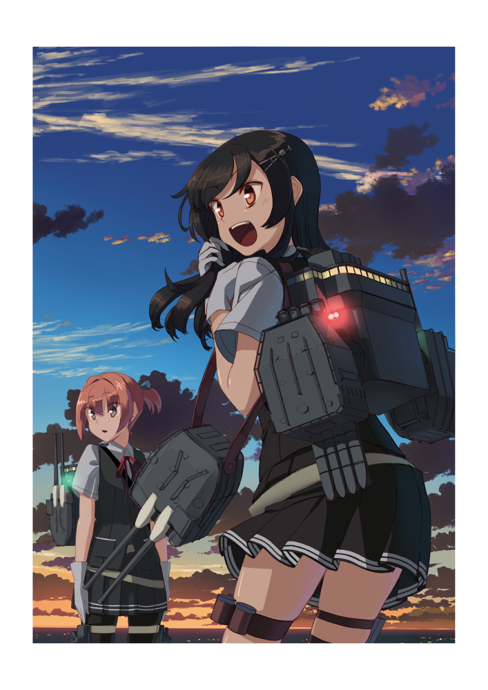 :d arms_at_sides bangs black_hair black_skirt black_vest blue_sky brown_eyes cloud cowboy_shot eyebrows_visible_through_hair from_behind gloves glowing hair_ornament hairclip hands_in_hair hands_up horizon kantai_collection long_hair looking_to_the_side machinery miniskirt multiple_girls neck_ribbon open_mouth outdoors oyashio_(kantai_collection) pleated_skirt red_hair red_neckwear red_ribbon ribbon rigging school_uniform shiranui_(kantai_collection) short_hair short_ponytail short_sleeves skirt sky smile standing takuzui thigh_strap turret twilight vest white_gloves
