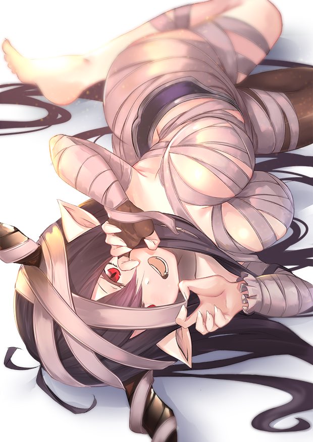 :d antenna_hair ass asymmetrical_legwear bandages barefoot black_gloves black_legwear breasts danua draph fingerless_gloves frills gloves granblue_fantasy hair_between_eyes horns looking_at_viewer lying medium_breasts on_side one_eye_covered open_mouth pointy_ears purple_hair ramuda_(guilty931) red_eyes simple_background smile solo teeth upside-down white_background