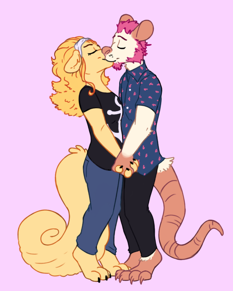 anthro beard canine clothing couple_(disambiguation) facial_hair feet female french_kissing hair hand_holding headband jackhodgins jeans kissing male male/female mammal minkmen_(one_piece) one_piece pants pink_hair roden_(rodenbeard) rodent romantic wanda_(one_piece)